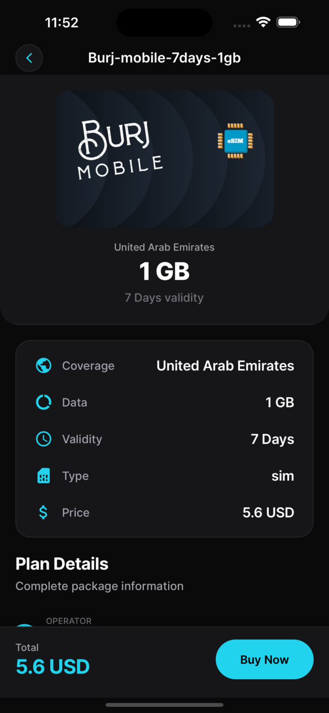 Plan detail showing coverage, data, validity and price