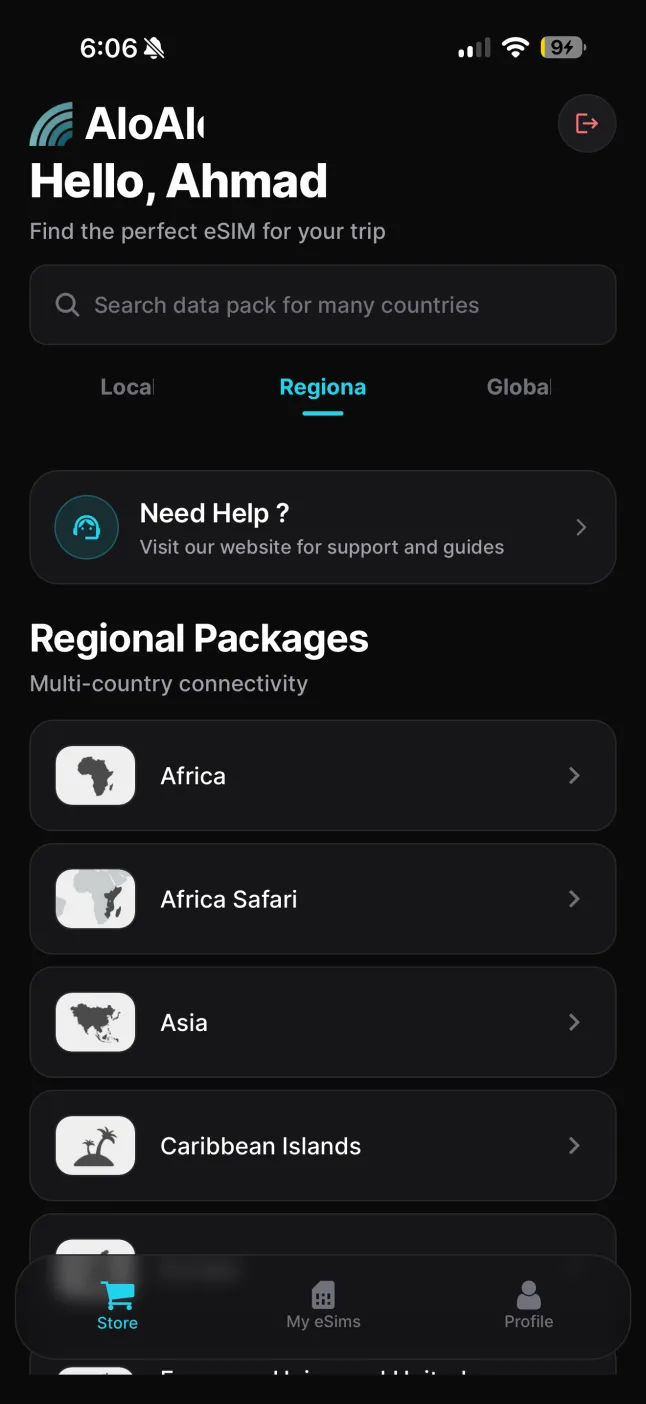 AloAlo eSIM app showing regional eSIM packages for Africa, Asia and the Caribbean, with a search field for any destination