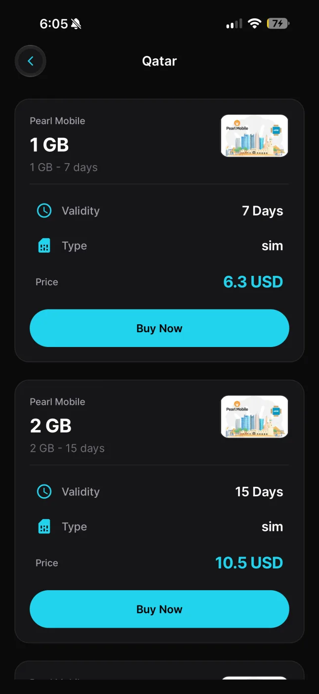 Prepaid Qatar eSIM data plans in the AloAlo app, 1 GB and 2 GB options with validity and price on each card