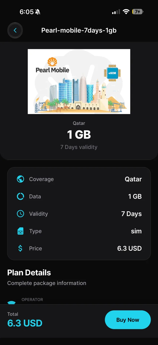 Qatar eSIM plan details in the AloAlo app: 1 GB of data, 7 days validity, coverage and total price shown before you buy